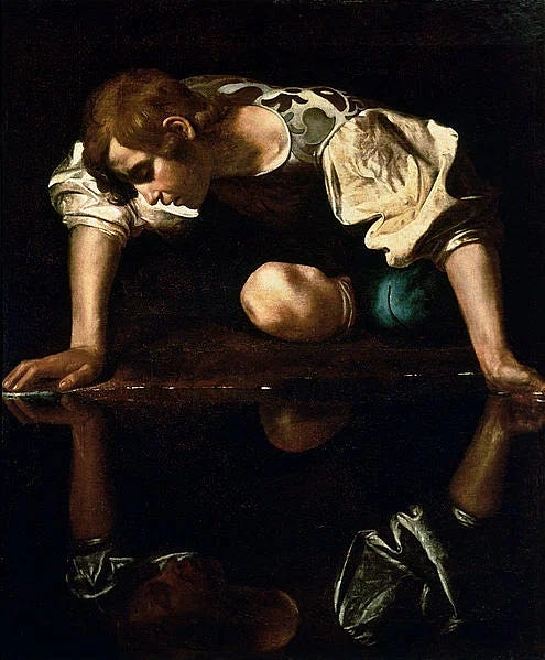 Caravaggio's painting of Narcissus, a Baroque work of the young man bending down, staring at his reflection in a pool