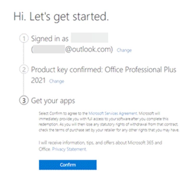 Screenshot of a dialog that says "Hi. Let's get started" and cofirms the product key as belonging to Office Professional Plus 2021