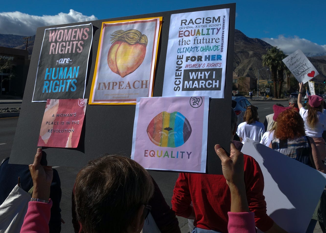 DEI support protest featuring woman holding up large sign saying "Woman Rights are Human Rights." 