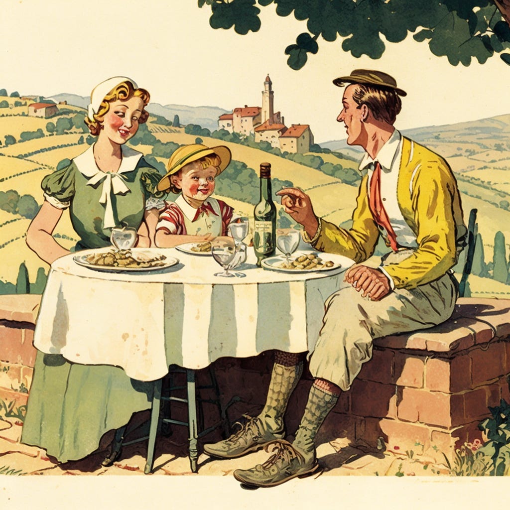 a woman and a man sit on a table with food, outdoor on top of a hill, woman is speaking and the man listen smiling. a boy and a girl are playing near their parents. back the man there is a little home, in the background there is another hill with an italian country, in the valley there're vineyards. On the table there is a bottle of white wine and a bottle of red wine. man and woman have glass of wine in their hands. in the sky only one little cloud. captured with sony lens 20mm kodak vision3 200D