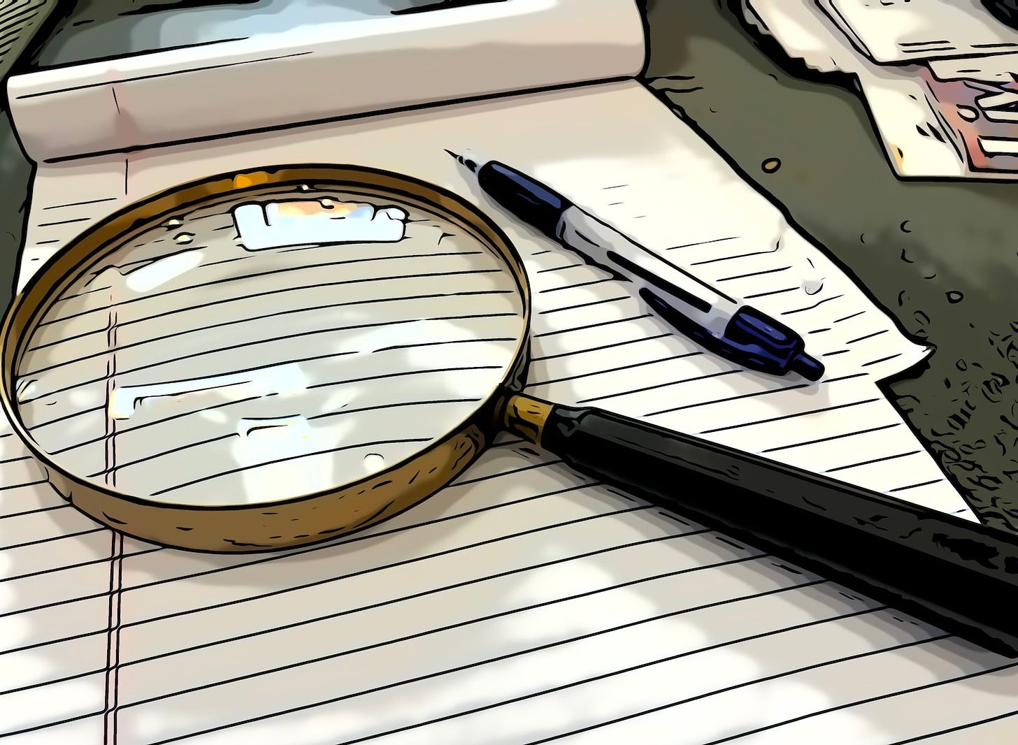 Cartoon image of magnifying glass and ballpoint pen on lined writing pad of paper