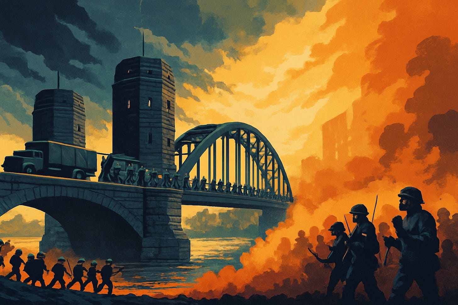 American cars passing over the bridge at Remagen in March 1943, bottom right shows men in riot gear against a background of smoke and flames