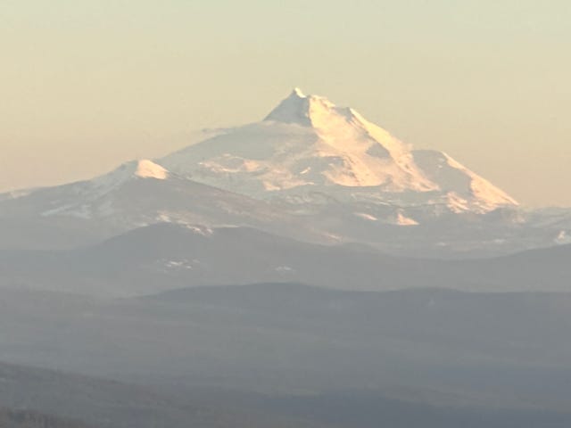 Mount Jefferson, the second highest peak in Oregon at 10,502, is clearly visible from the Timberline Lodge parking lot.