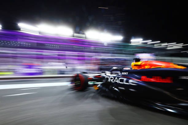 Max Verstappen of the Netherlands driving the Oracle Red Bull Racing RB20 leaves the garage during qualifying ahead of the F1 Grand Prix of Saudi...