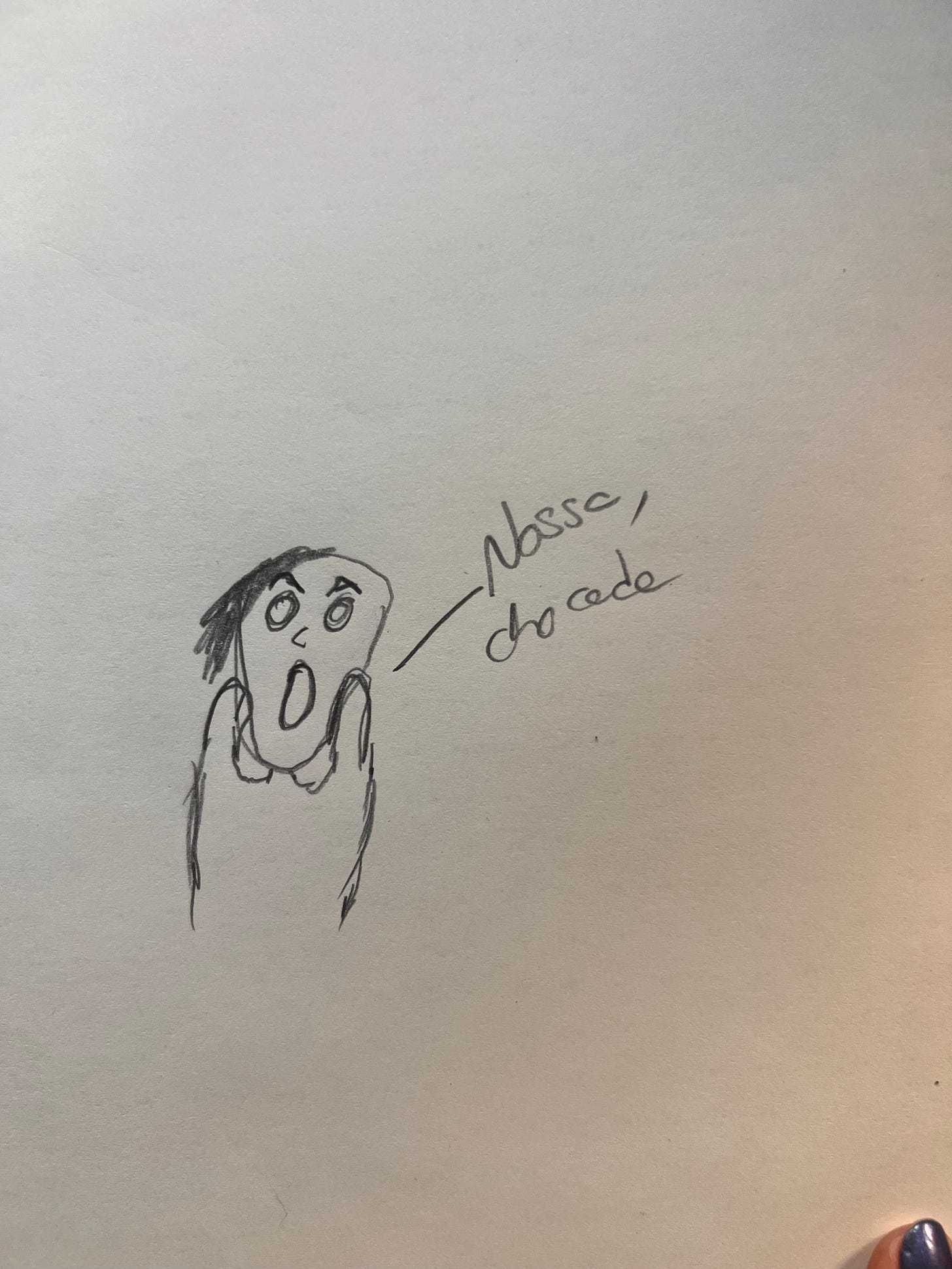 Desenho muito mal feito por mim mesma de uma pessoa com as mãos no rosto e fazendo cara de surpresa. Do lado tá escrito: Nossa, chocada