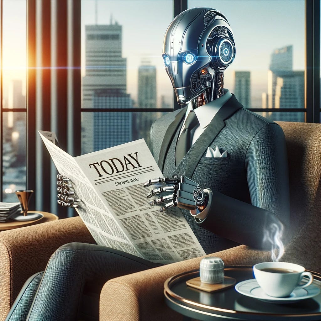 A highly sophisticated robot in a suit reading the morning newspaper. The robot has a sleek, metallic design with advanced features like visible circuitry and glowing eyes. It's seated in a comfortable armchair, holding a newspaper with today's date. The room is modern and stylish, with a window showing a cityscape in the early morning light. There's a cup of steaming coffee on a side table next to the robot.