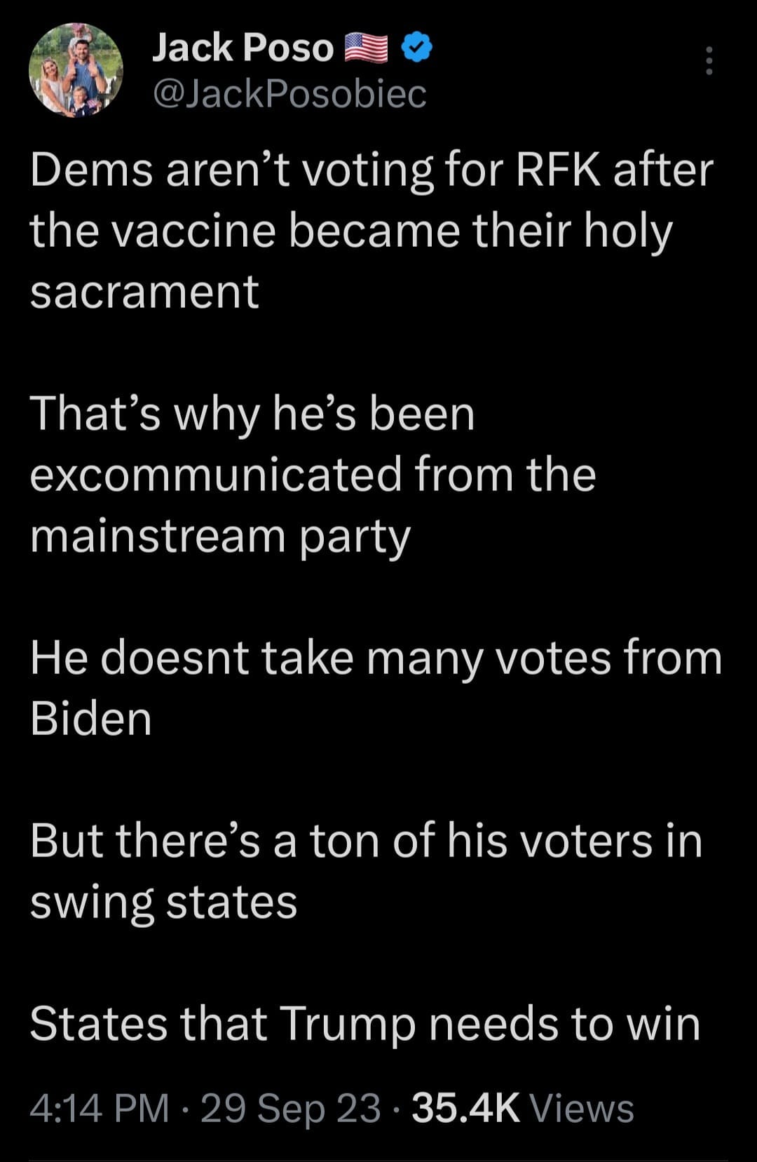 May be an image of 1 person and text that says 'Jack Poso @JackPosobiec Dems aren' voting for RFK after the vaccine became their holy sacrament That's why he's been excommunicated from the mainstream party He doesnt take many votes from Biden But there's a ton of his voters in swing states States that Trump needs to win 4:14 PM 29 Sep 23 35.4K Views'