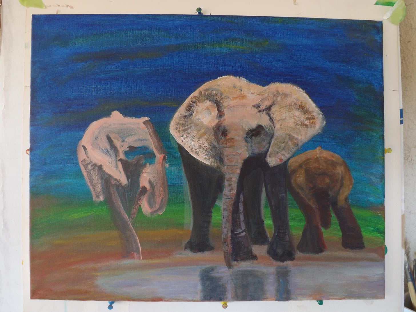 Painting by Sherry Killam Arts depicting three elephants at a water hole, one baby just a sketch of a skeleton.