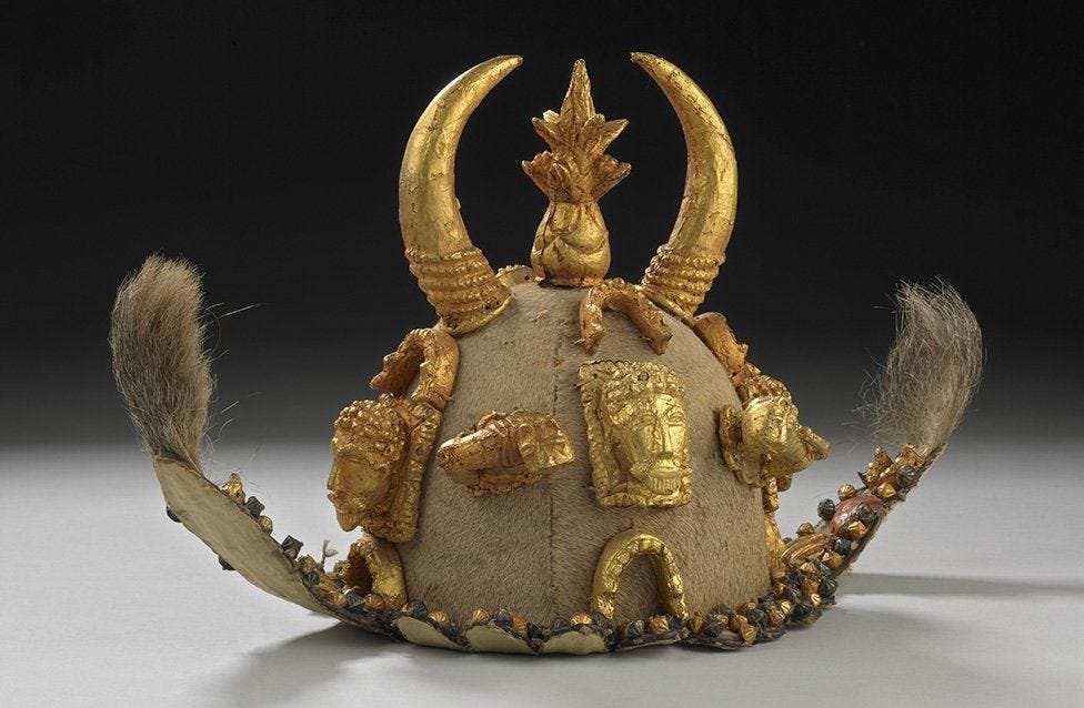 A ceremonial cap, known as a denkyemke, taken by British forces from the Ashanti kingdom in the 19th Century