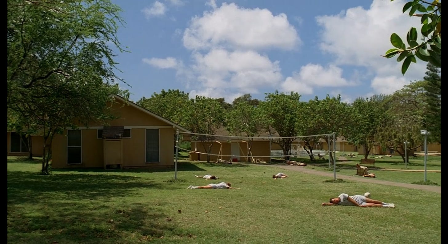 Dead bodies lie on the ground at the Dharma facilities.