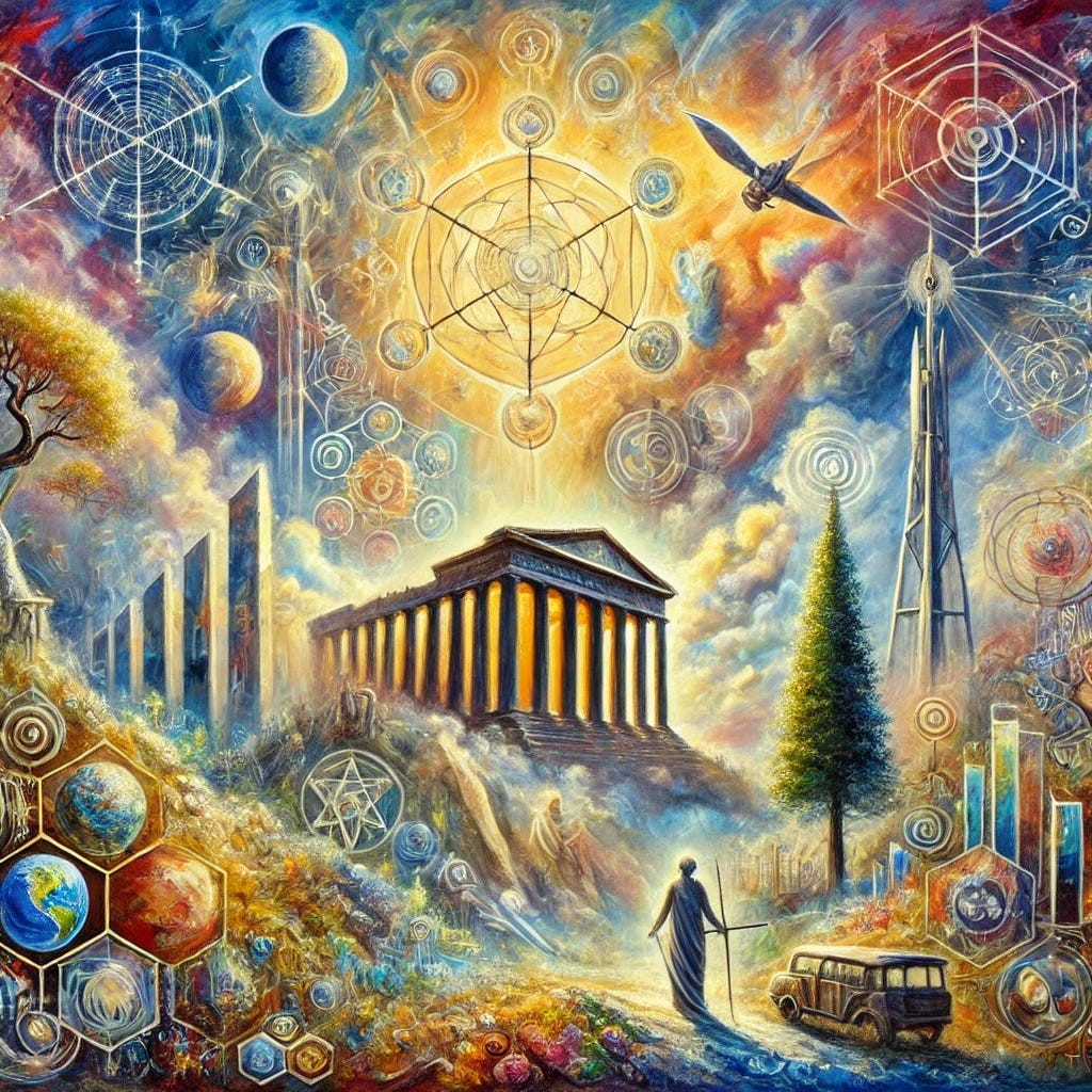 A stunning impressionist oil painting inspired by a thought-provoking interview with Dr. Jacob Nordangård. The painting features abstract elements symbolising climate change, historical esoteric movements, and the intricate connection to the Rockefellers. A mystical temple with modern technological influences like satellites and neural networks in the sky forms the central imagery, surrounded by a dreamlike landscape of enlightenment, alchemical symbols, and evolving humanity. The colours are vibrant, with expressive strokes highlighting themes of hope, resistance, and the fusion of history and futurism.