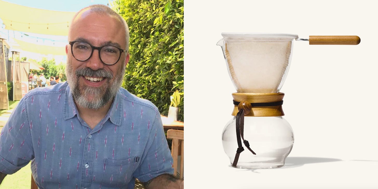 Left: a straight on photo of a caucasian man in a blue, short-sleeved, button up shirt, with a salt and pepper beard, dark glasses and light grey hair smiles at the camera, in the background is an outdoor restaurant patio. Right: A product photo of a glass coffee dripper with a bulbous bottom and a wooden collar around the middle. A cloth filter sits in the top cone shape of the dripper.