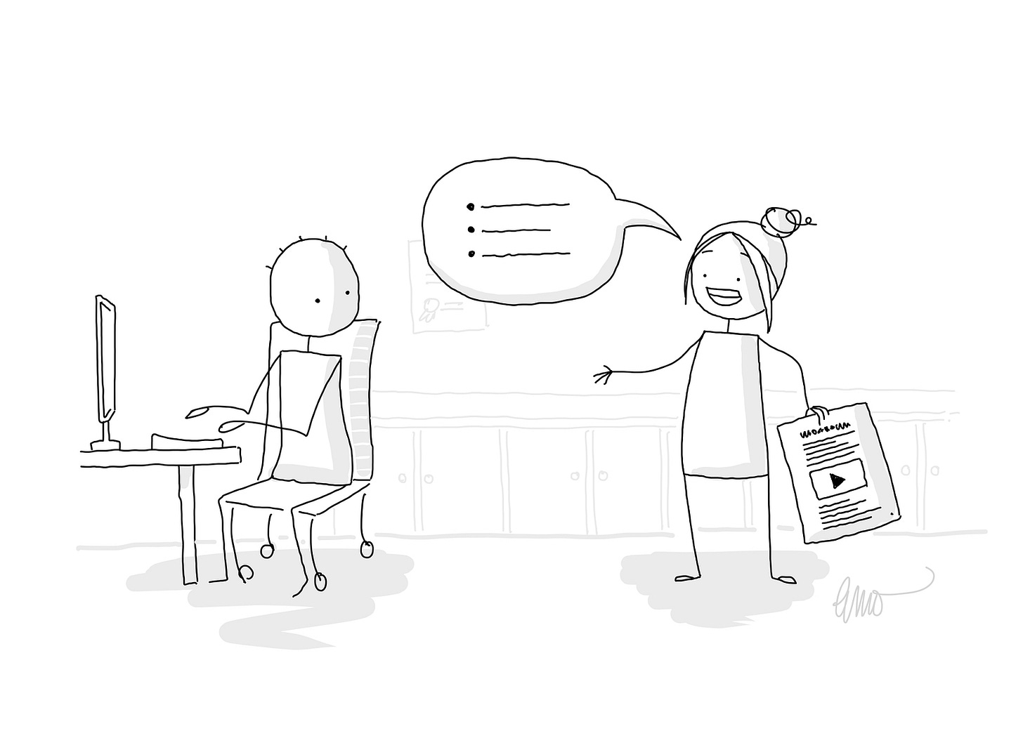 Cartoon line drawing showing two people in an office situation. One is working at a desk, turning around to look at the other, who is speaking to them. The second person has a speech bubble containing 3 concise points, while holding a page containing many lines of text and a video.