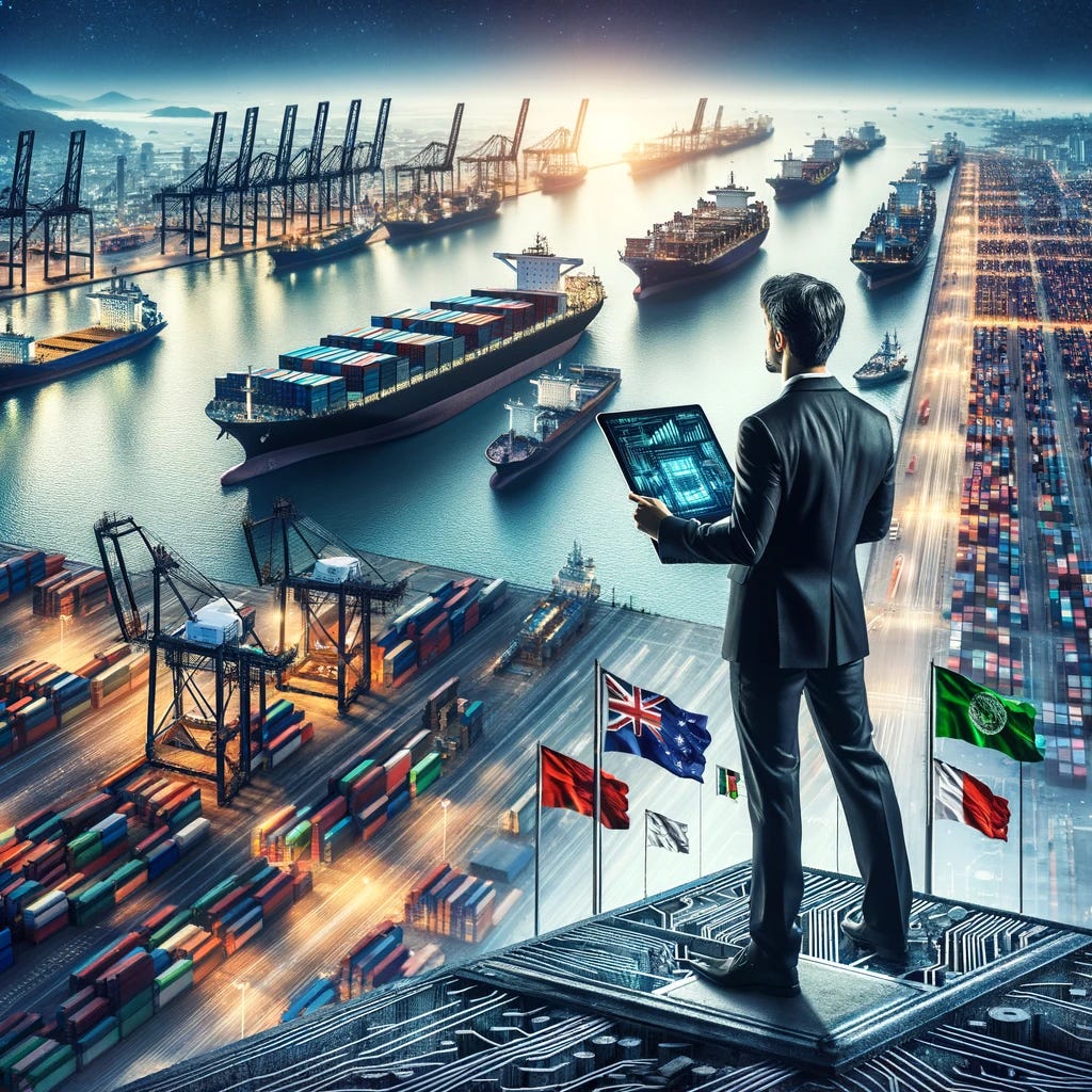 A semiconductor worker dressed in a formal suit stands atop a high vantage point, looking out over a bustling port filled with cargo ships, cranes, and containers. The scene captures the essence of international trade, with flags from various countries fluttering in the wind, symbolizing the global nature of the semiconductor industry. The worker holds a digital tablet, displaying graphs and data, highlighting their role in navigating the complexities of global markets. The backdrop is a dynamic mixture of the modern and the traditional, illustrating the interconnectedness of technology and commerce.
