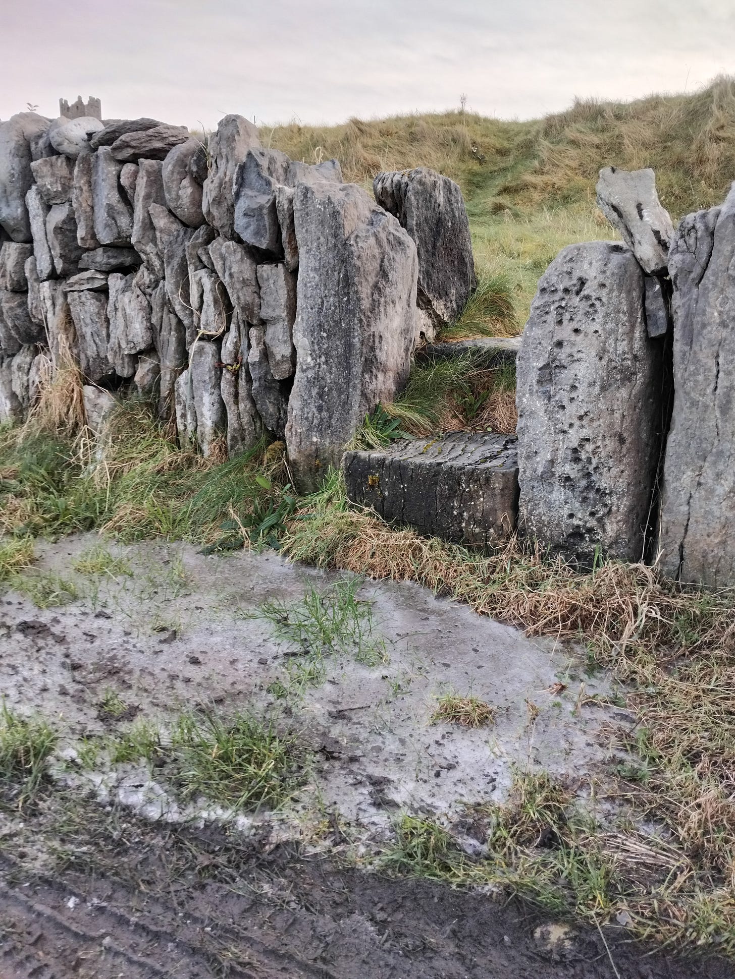 It's dusk, and a frozen puddle sits at the base of a passing point in a stone wall. The sky is turning dusty pink, and the grass is overgrown. The top of a castle ruin is in the background. 