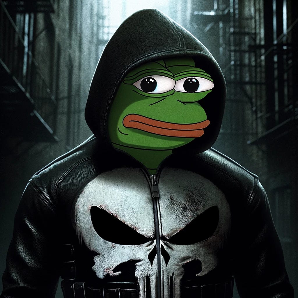 Pepe the Frog dressed as The Punisher, wearing a black outfit with the iconic white skull on the chest. He has an evil look on his face, with a dark and menacing expression. The background is a gritty urban environment, with dark alleys and shadows to enhance the intimidating atmosphere.