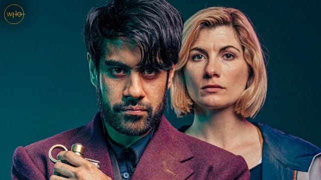 This image from "The Timeless Children" (Doctor Who Series 12's final part of its two-part finale) shows, on the left, the Spy Master (played by Sacha Dhawan) holding a Tissue-Compression Eliminator in his right hand, and, on the right, the Thirteenth Doctor (played by Jodie Whittaker). The Doctor stands just behind the Master. This image from "The Timeless Children" (Doctor Who Series 12's final part of its two-part finale) shows, on the left, the Spy Master (played by Sacha Dhawan) holding a Tissue-Compression Eliminator in his right hand, and, on the right, the Thirteenth Doctor (played by Jodie Whittaker). The Doctor stands just behind the Master.