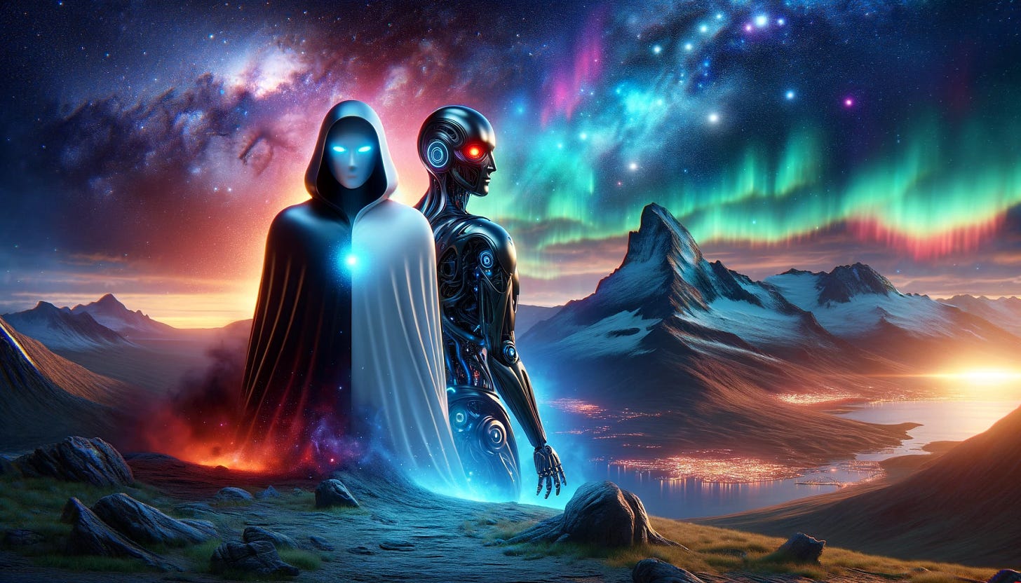 A futuristic scene depicting a good AI and an evil AI behind a huge mountain. The good AI is characterized by sleek, smooth design with glowing blue lights, symbolizing benevolence and advanced technology. The evil AI has a more menacing look, with sharp, angular features and glowing red eyes, embodying malevolence and danger. In the background, an awe-inspiring cosmic display with galaxies, stars, and vivid northern lights in a multitude of colors stretches across the sky. The scene is set in a remote, rugged landscape at night, enhancing the dramatic contrast between the two AIs.