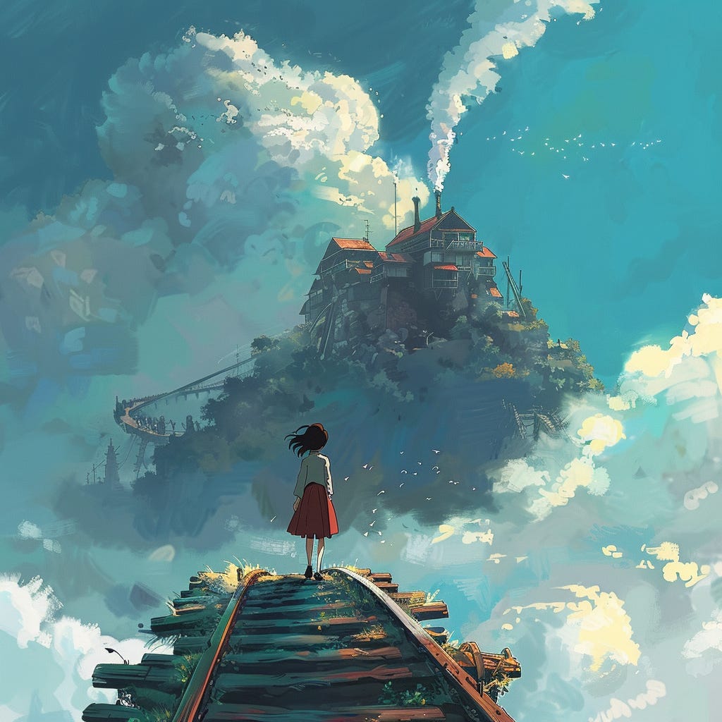 A young woman standing on train tracks, staring up at a beautiful house in a forest on a cliff in the clouds. The sky is a vibrant blue around it, the clouds puffy. This is meant to represent the beginning of the journey from courage to confidence.