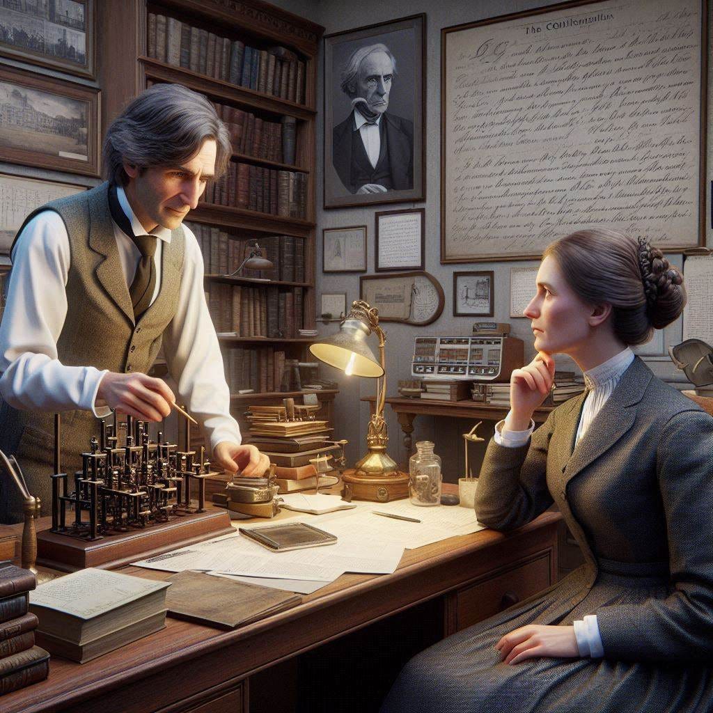 Una imagen hiperrealista en 3D, tipo fotografía, que representa a George Boole y a Mary en un despacho de la época victoriana en Inglaterra. Están hablando sobre los contenidos que George está escribiendo. El despacho está lleno de libros y papeles, y se puede ver la dedicación de George en su trabajo. Mary, intrigada y inspirada, está sugiriendo que la lógica debería formar parte esencial de la educación. Ambos están intercambiando ideas sobre cómo implementar estos conceptos en la enseñanza. La conexión entre ellos es evidente, creando un ambiente cálido y colaborativo. Este encuentro marca el inicio de una relación personal y profesional significativa.