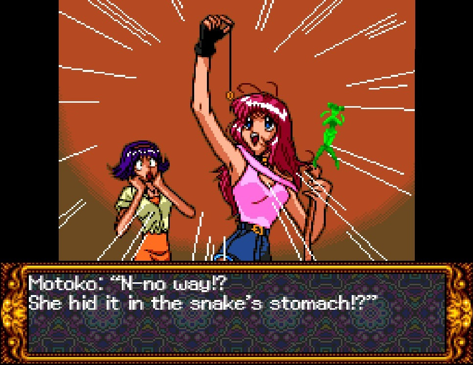 A screenshot from the first part of the second act of Private Eye Dol, showing Mei and her partner in crime-solving, Motoko, figuring out that a missing ring was inside of a snake's stomach.