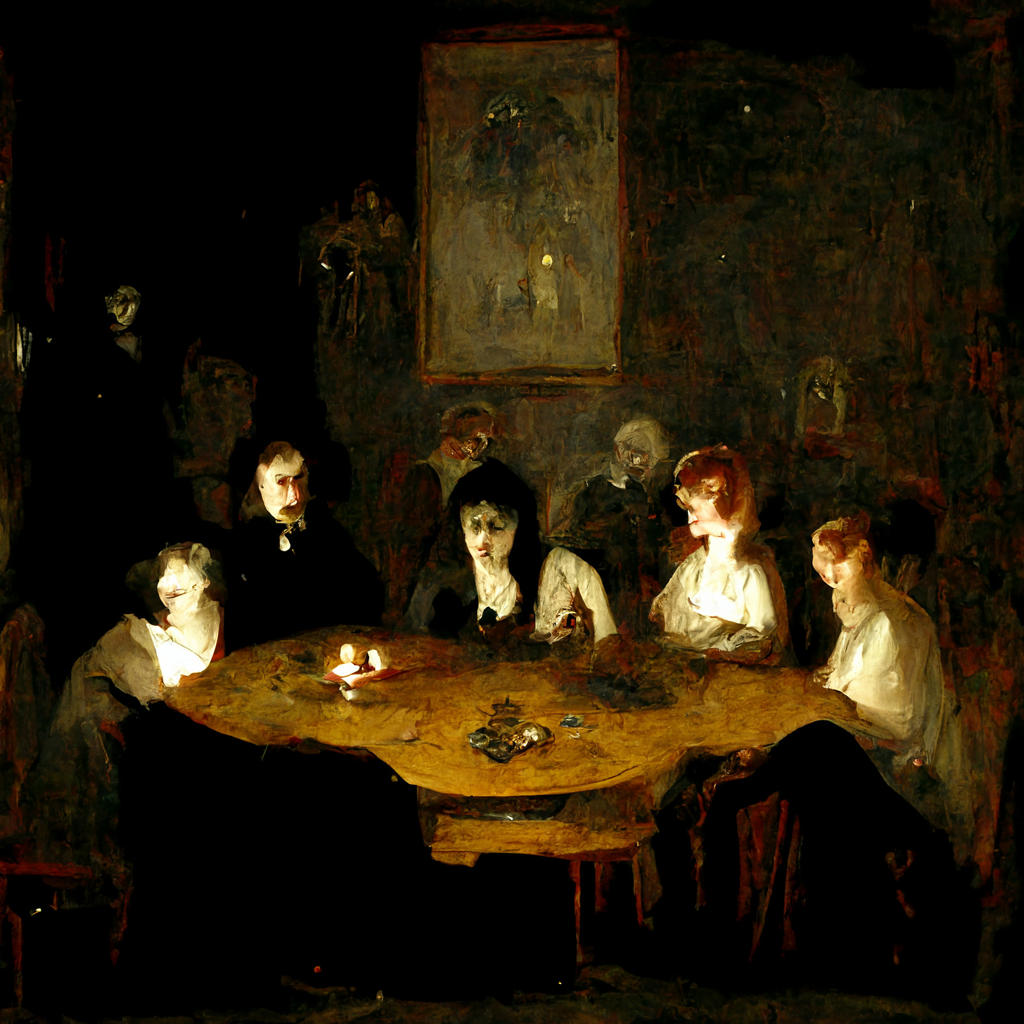A darkened room with figures sitting around a table at a seance