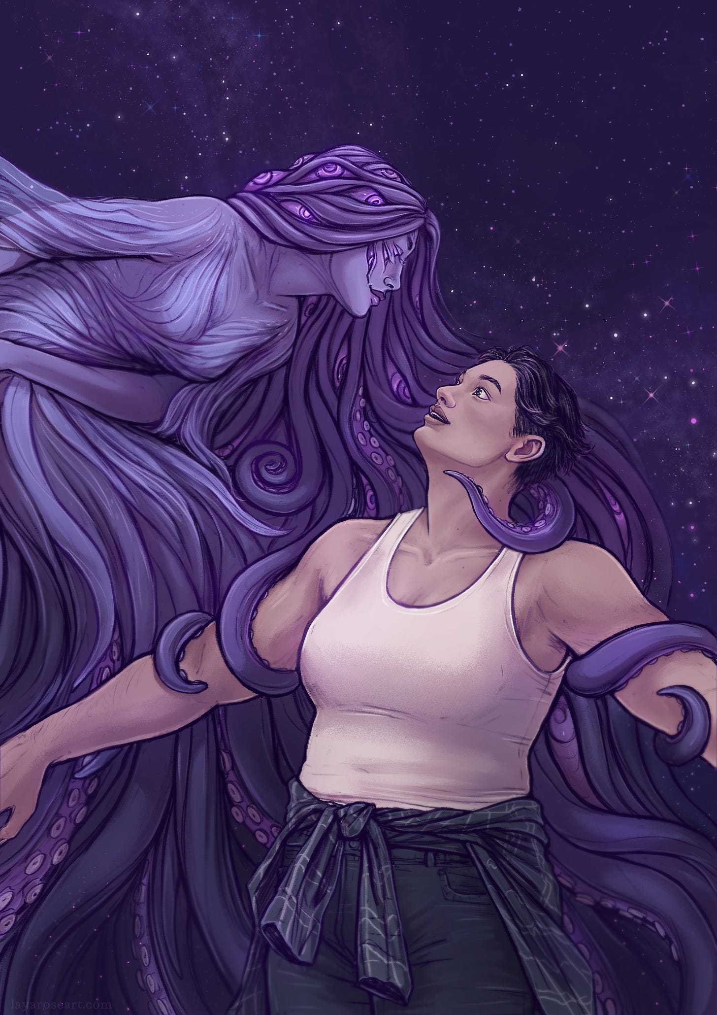 Illustration based on la belle dame sans merci, but with space lesbians. trillin is a purple space monster with thick tendrils of hair that turn into tentacles, and have eyes poking out of them. She has extra eyes, and is in a flowy dress that's growing off her skin, and leaning down towards Sian. Sian is butch, with short dark hair and wearing a white tank top and dark pants with plaid around her waist. She is looking up with a shocked but happy expression about the tentacles wrapping around her biceps and neck. The background is starry space.