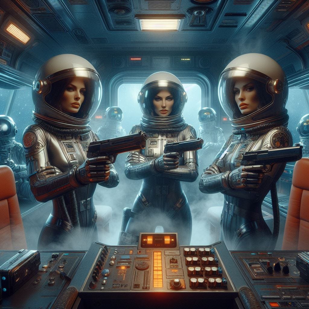 female astronauts holding pistols in a spaceship room with steam coming from a center console, in space, 60s sci-fi art
