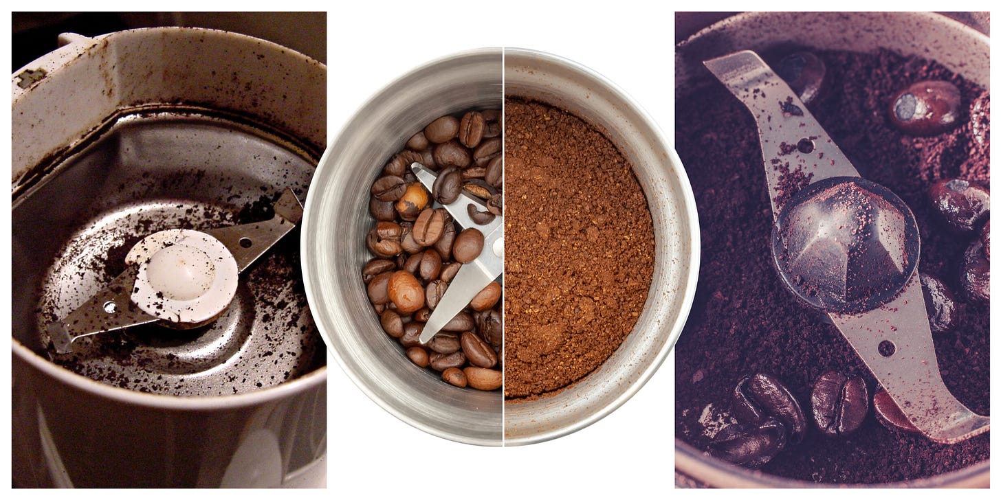 A collage of blade coffee grinders from above.