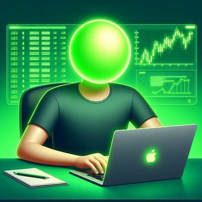 A man wearing a t-shirt and sitting at a desk and typing on a Macbook which has financial charts on its screen. The man does not have a head but instead has a basic bright neon green sphere in its place.  Green background and theme.