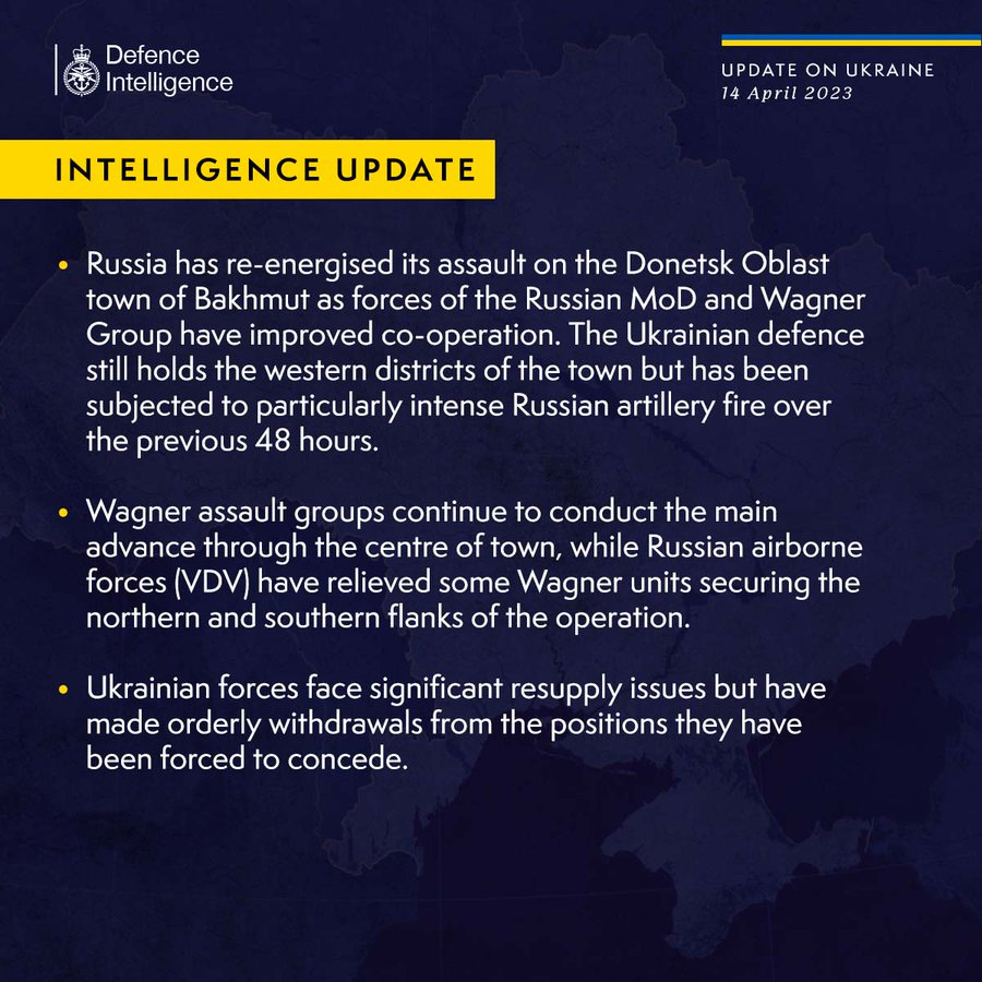 Latest Defence Intelligence update on the situation in Ukraine - 14 April 2023.