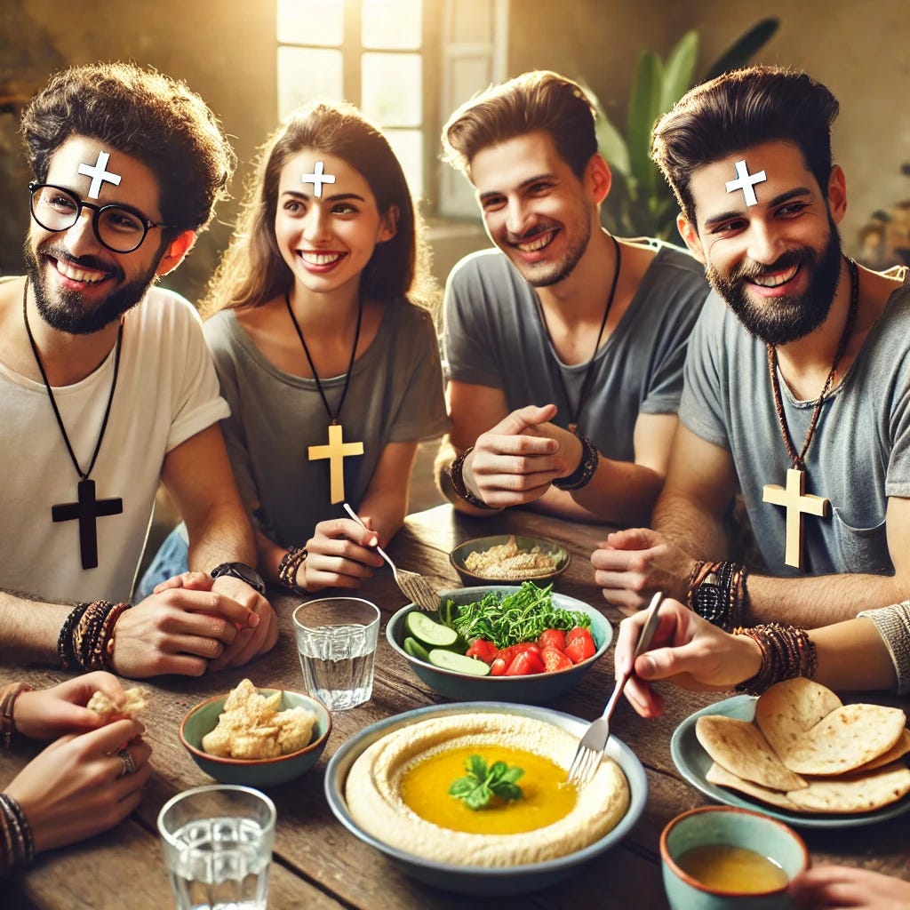 A group of friendly Christians, both men and women, casually wearing cross necklaces, gathered around a table and sharing a bowl of delicious hummus. The scene is warm and joyful, with natural light coming in, and the table filled with pita bread, fresh vegetables, and other Mediterranean dishes. The Christians are smiling and talking, enjoying their meal in a peaceful and welcoming atmosphere. There should be no crosses or markings on anyone's forehead, only cross necklaces.