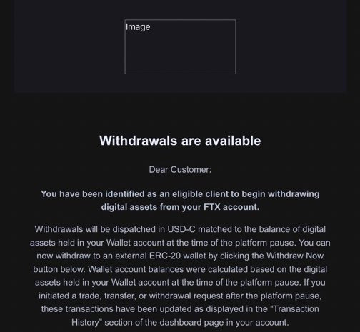 Email: "Withdrawals are available", with subhead "You have been identified as an eligible client to begin withdrawing digital assets from your FTX account."