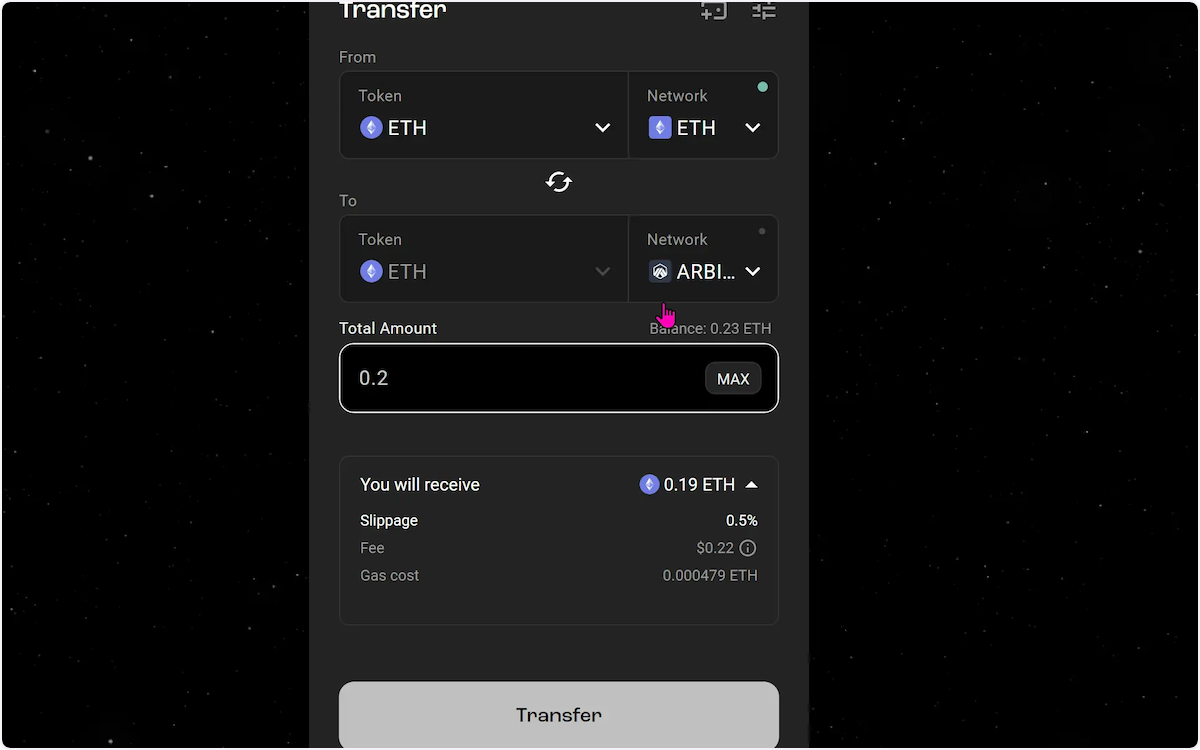 In the "Total Amount" input field, type in how many ETH you would like to bridge.