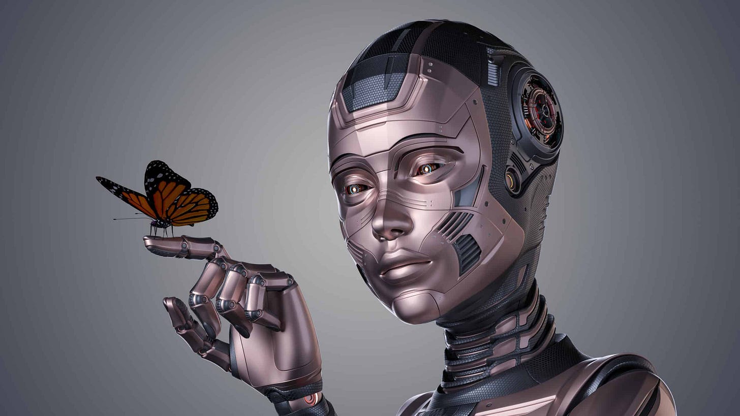 3d render of detailed robot woman or humanoid cyber girl looking at a butterfly sitting on her forefinger. (Shutterstock)