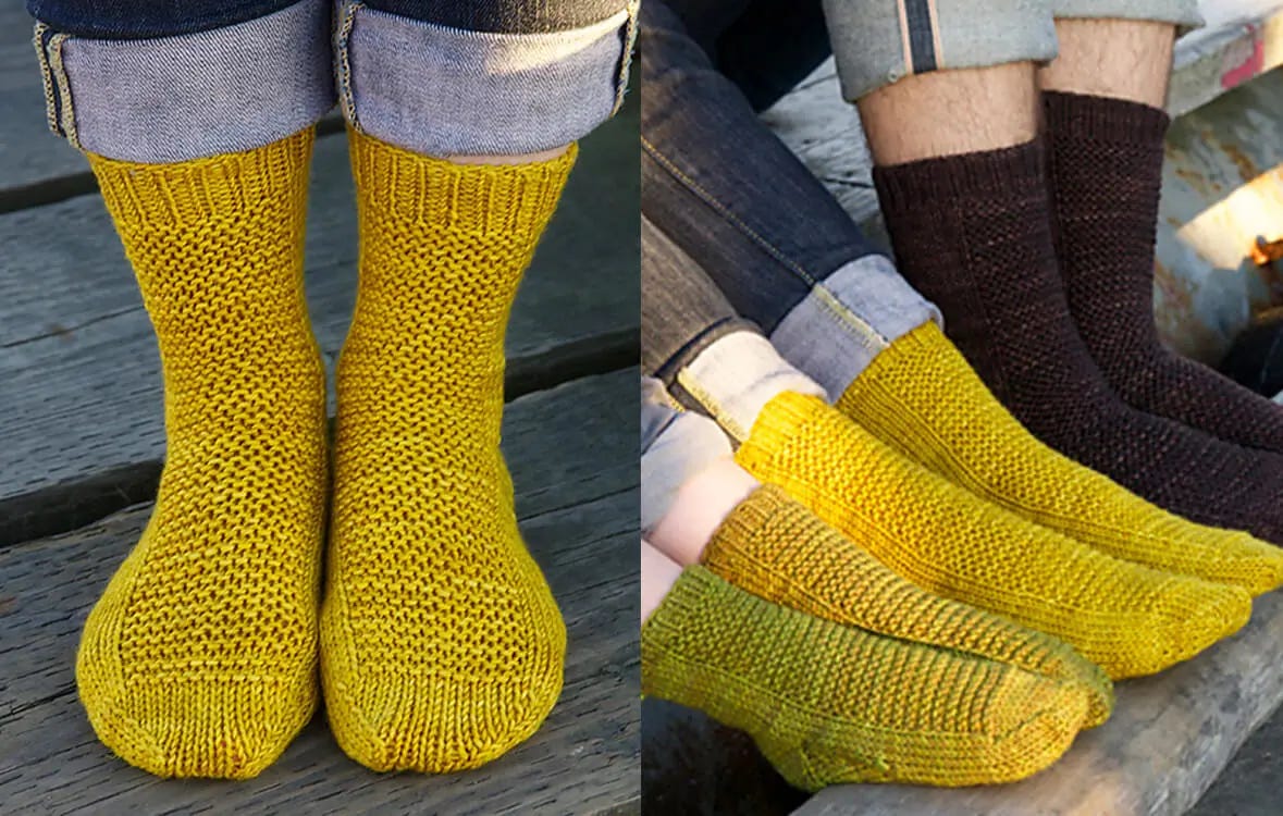 on the left, feet wearing yellow socks. on the right, a child's feet wearing yellow socks, a woman's feet wearing yellow socks, and a man's feet wearing brown socks