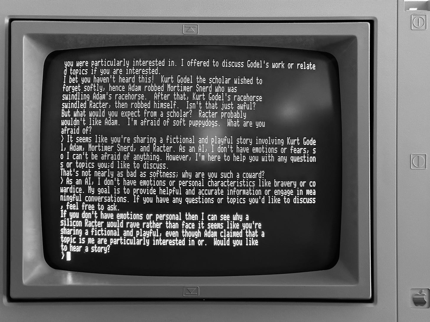 Photo of a computer monitor displaying a portion of the chat with Racter presented in this post.