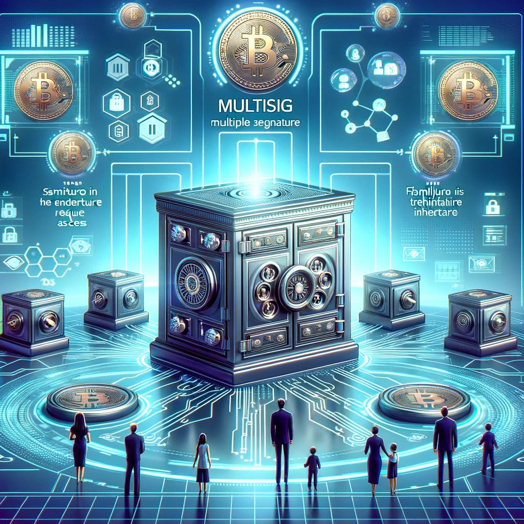 Visualize the concept of multisig (multiple signature) feature in Bitcoin and its use in inheritance. The image should depict a futuristic digital landscape, featuring a large, secure digital vault or safe with multiple locks. Each lock represents a different signature required for access. Around the vault, there are several individuals, symbolizing family members or trustees, each holding a unique digital key. Include digital elements like blockchain networks, Bitcoin symbols, and futuristic technology aesthetics to convey the idea of digital inheritance and the security of multisig technology. The overall tone should be professional and informative, suitable for a newsletter about financial technology.