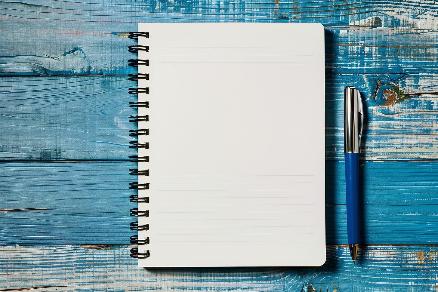 a pen and notebook against beachy blue wood