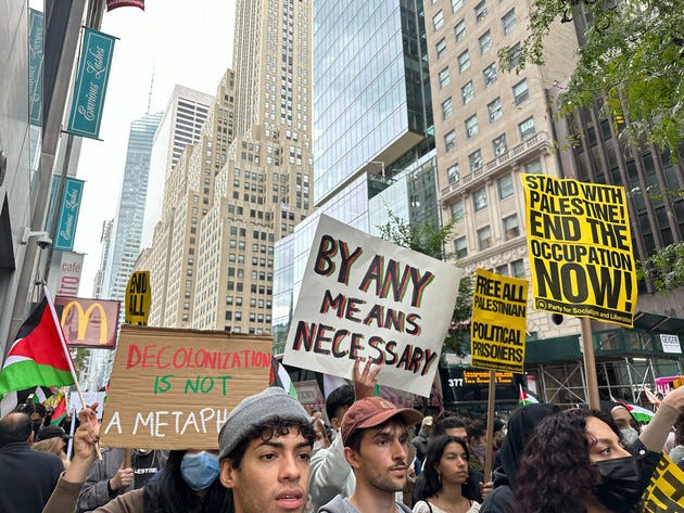 Pro-Palestinian supporters rallied in Times Square and through Midtown Manhattan on Sunday, Oct. 8. 2023, 