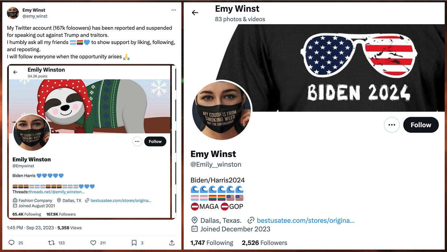 screenshots of two "Emily Winston" ban evasion accounts, @emy_winst and @Emily__winston