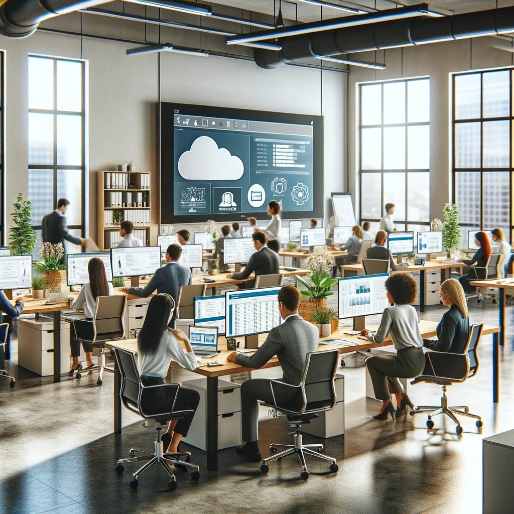 A modern office environment showing a small business setting with diverse employees working on computers and organizing digital files. There are visible screens displaying a document management system interface and cloud storage graphics. The office is well-lit, with ergonomic furniture and a few green plants for decoration. The atmosphere is busy yet organized, with employees engaged in tasks such as scanning documents and discussing around a meeting table. The scene should depict a paperless office vibe, emphasizing technology and efficiency.