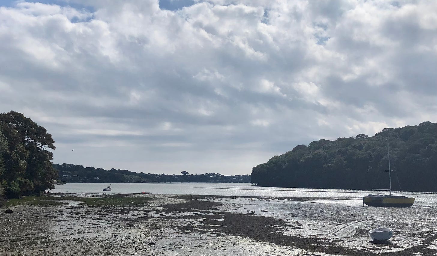 Restronguet Creek at low tide. A small rowing boat and a slightly larger sailing boat are stranded on the mud. And somewhere in the sky is the very faintest blob of an osprey flying away.
