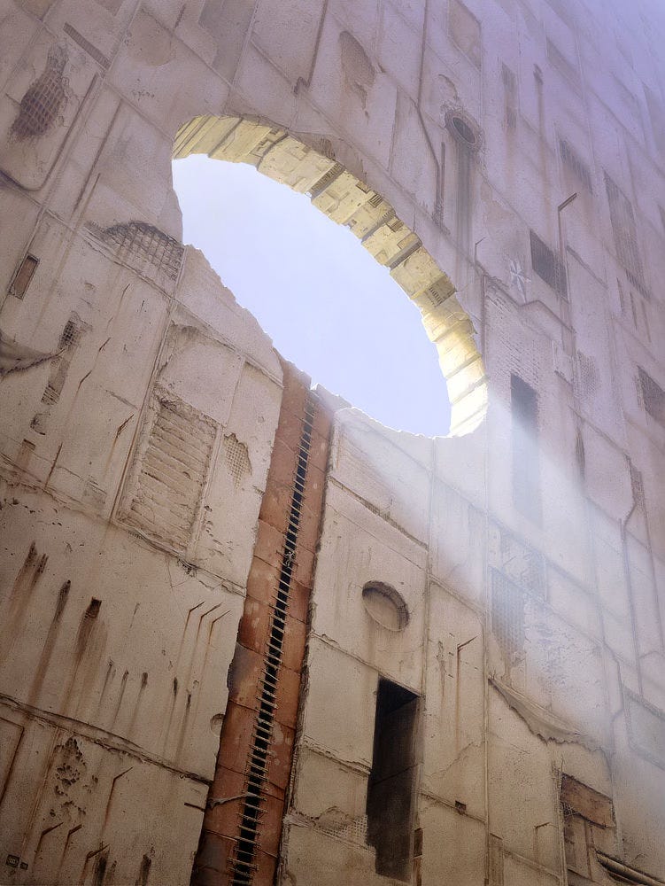 Light slants down through a circular opening set in a massive stone wall. The perspective is low angle and off-center to present the scale of the environment to dizzying effect. The surface of the facade, worn by ages, is textured concrete—pale. Details of rectangular panels vary throughout to provide endless visual interest. Tattered cloth drapes across some. Rust stains trail off of exposed metal of pipes jutting out. Water stains drip down out of circular recesses. Exposed rebar shows through from years of erosion. Beneath the immense oculus, the line of a tall channel of rusted plates leads up, suggesting the stem of a magnifying glass as light pores through the opening in an intense, hazy plane of radiance. Tiny in scale, a figure struggles up a trail of boards, a makeshift ladder mounted across the gap between rusted plates.