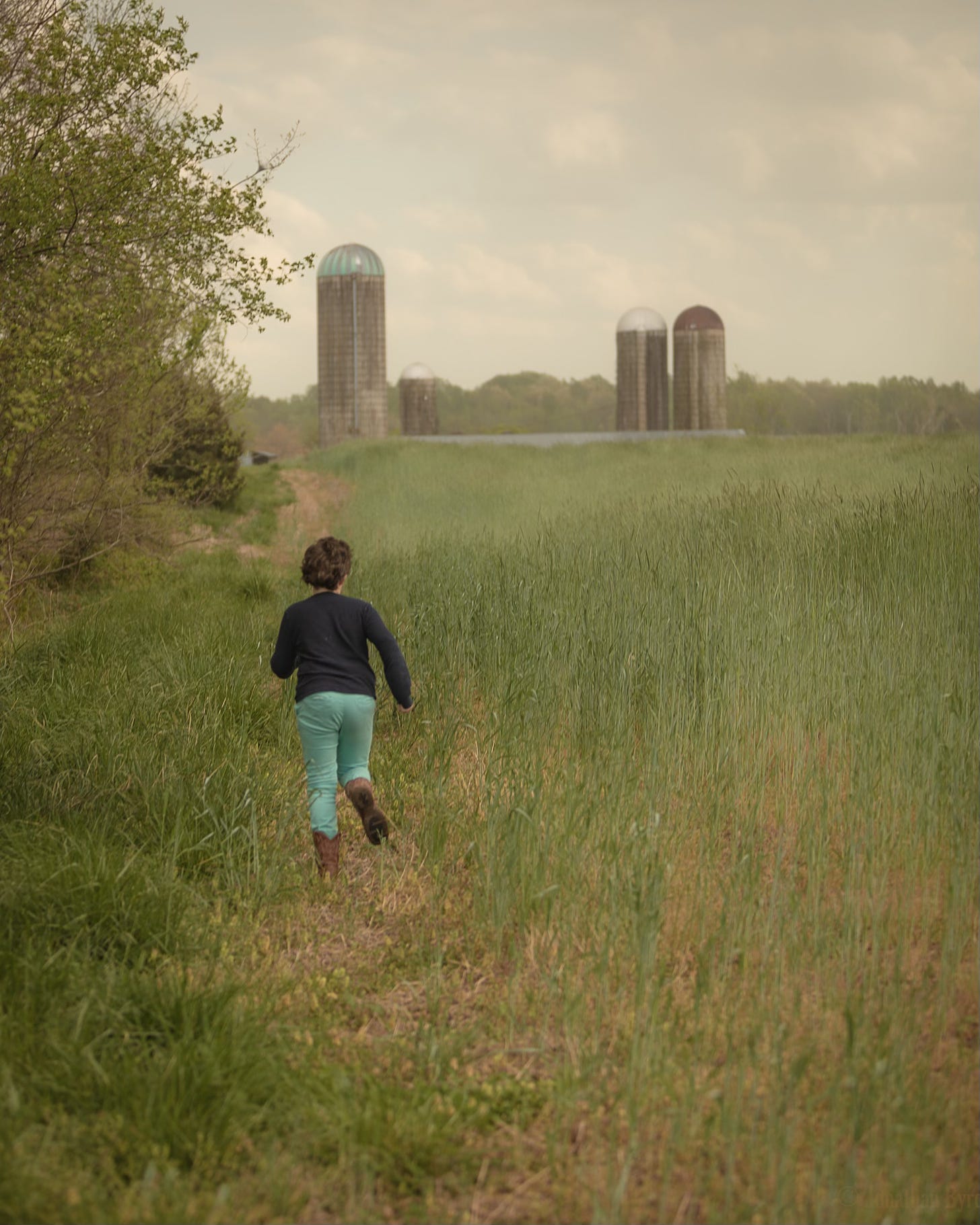 A child runs through a field of rye. Grain silos stand in the background. 