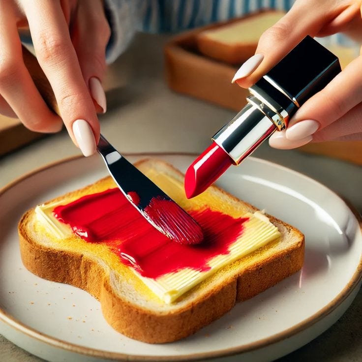 Close-up of a woman spreading bright red lipstick onto buttered toast with a knife—suggesting the collision of domesticity, sensuality, and suppressed desire.