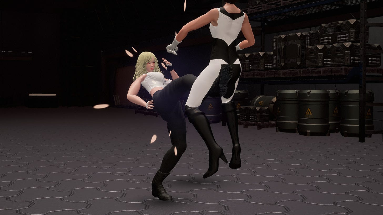 A blonde muscular woman is kicking a guy in high heels in the groin