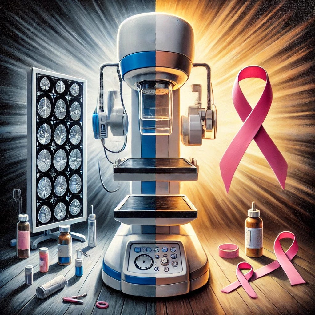 A semi-realistic oil painting that visually represents the debate around mammography screening. The scene features medical equipment like a mammogram machine and symbols of breast cancer awareness such as pink ribbons. It uses contrasting elements: one side shows shadows and darker tones symbolizing risks like overdiagnosis, false positives, and unnecessary treatment, while the other side is brighter, representing hope, progress in treatment, and breast cancer awareness. The brushstrokes are bold and expressive, blending medical and emotional themes to highlight the controversy and uncertainty surrounding mammography.