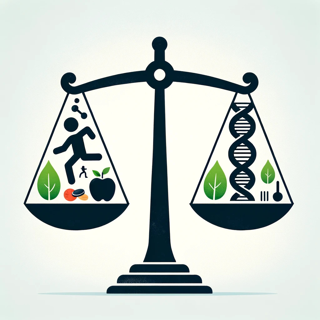 A conceptual and minimalist illustration highlighting the balance between lifestyle factors and genetics in the context of obesity, without depicting specific food items. On one side of the scales, icons representing exercise (a running figure) and diet (a leaf, symbolizing healthy eating) are shown. On the other side, a double helix DNA strand represents genetic factors. The background is simple and uncluttered, emphasizing the dichotomy between personal lifestyle choices and genetic predispositions in influencing obesity.