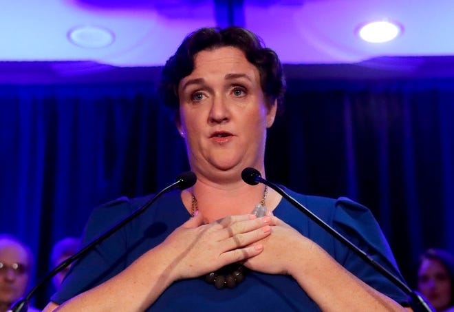 Democratic congressional candidate Katie Porter speaks during an election night event on Nov. 6, 2018, in Tustin, Calif.